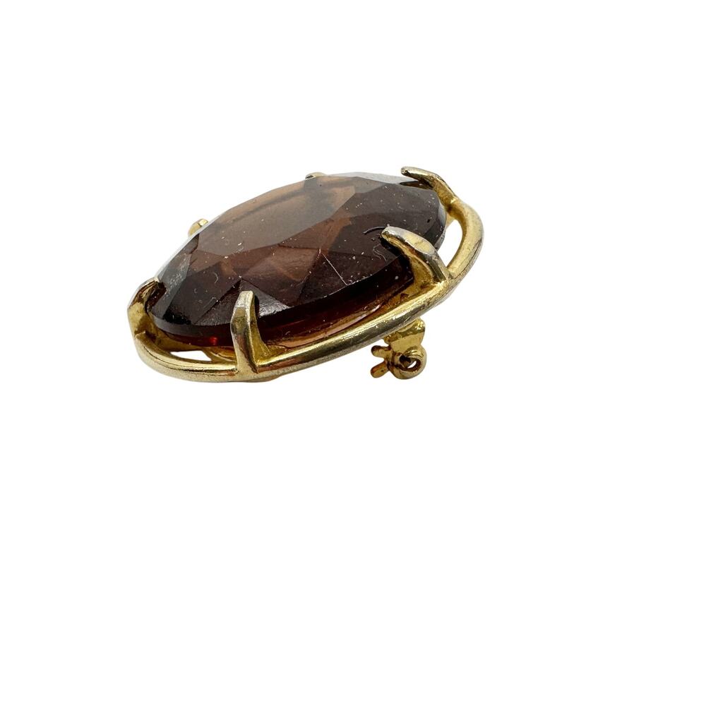 vintage gold metal & translucent brown stone BROOCH round jewelry pin - Picture 3 of 5
